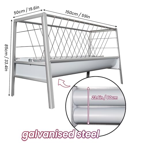 Livestock Grain & Hay Feeder for Goats, 90 Gallon Large Capacity Pasture Hay Feeder with Deeper 23.6 Inch Wide Grain Trough, 59-Inch Long Stainless Steel Goat Hay Feeder for Goats, Sheep, Horse