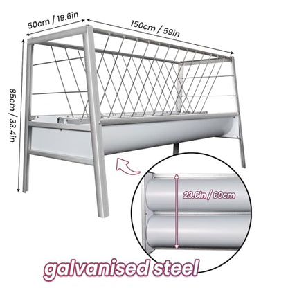 Livestock Grain & Hay Feeder for Goats, 90 Gallon Large Capacity Pasture Hay Feeder with Deeper 23.6 Inch Wide Grain Trough, 59-Inch Long Stainless Steel Goat Hay Feeder for Goats, Sheep, Horse