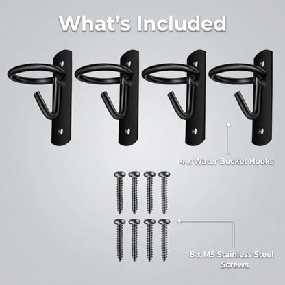 QWORK Metal Bucket Hangers for Horse Stalls, Black Wall Mount Holder with Ring Attachment, Multi-Purpose for Horses, Goats, Donkeys, and More - Includes 4 Hooks and Stainless Steel Screws