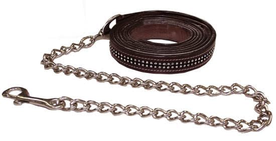 Matching Leather Lead for Rhinestone Halter, Double Layered Leather, 1" Wide with 29" Chain - color: Havana