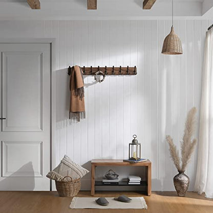 SKOLOO Rustic Coat Rack Wall Mount, 10 Hooks, 38.6'' Long, Solid Wood,Brown - color: Brown Plate & Black Hook, size: 1 Item-10 Hooks