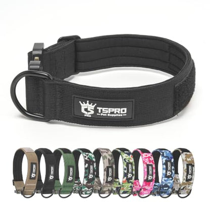 TSPRO Heavy Duty Tactical Dog Collar Quick Release Metal Buckle with Patch | Premium Dog Collar, Military Nylon, 1.5” Wide, Soft Padded, Thick, Personalized, Adjustable for Medium & Large Dogs (Black L) - color: Basic Black, size: L, Patch Style, Neck 18.