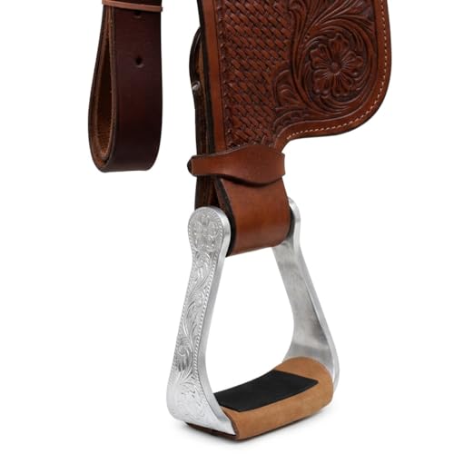 CHALLENGER Horse Saddle Engraved Aluminum Western Riding Barrel Stirrups Tan Leather 51156