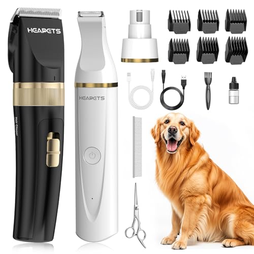 HEAPETS Dog Hair Clippers for Grooming Kit and Dog Paw Trimmer Nail Grinder for Grooming, Low Noise Rechargeable Cordless, Shaver Grooming Supplies for Pet Cats Dogs (Black, White) - color: Black-white