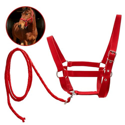 Adjustable Nylon Horse Halter & Matching Lead Set for Horses - color: RED