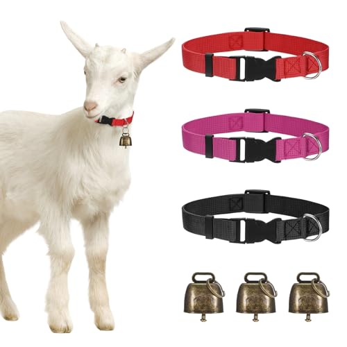 M METERXITY 3-Pack Goat Collars with Bells Polyester Black/Rose Red/Red - color: Black, Rose Red, Red