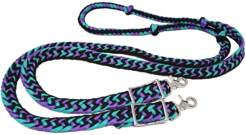 CHALLENGER Horse Western Nylon Braided 8 Ft. Knotted Roping Barrel Reins Purple Teal Orange 60737 - color: Purple / Turquoise / Black