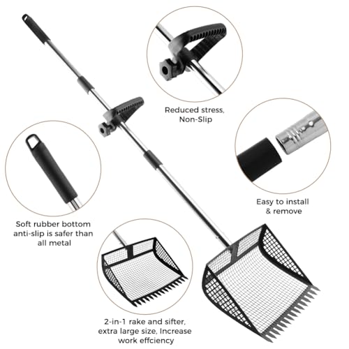 Chicken Poop Scooper, 2-in-1 Rake & Sifter, 24-68in Extendable Stainless Steel Handle with 12" Wide Metal Shovel Head, Poultry Litter Cleaner for Chicken Coop and Goat Stall