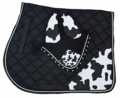 Cow Print All Purpose English Saddle Pad, Handmade Jumping Saddle Pad, Fly Bonnet,Fly Veil - size: HORSE / FULL