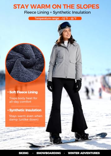 wantdo Women's Waterproof Ski Jacket Warm Fleece Lined Snow Winter Coat | 10000mm Waterproof Snowboard Jacket for Skiing, Hiking, Commute, Removable Hood, 6 Pocket, Windproof Warm -10°F to 50°F - color: Gray, size: Medium