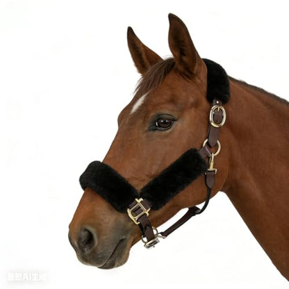 Genuine Wool Horse Halter Cover, 4 PCS Merino Sheepskin Horse Halter Set - color: Black