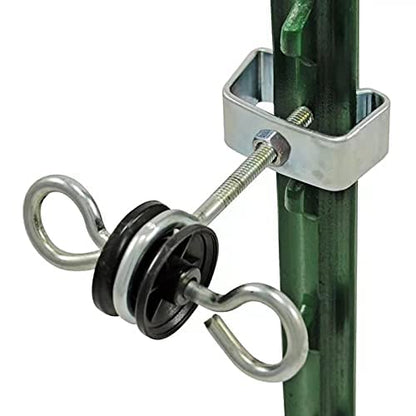 QMARK Farm Electric Fence T-Post Gate Handle Anchors, Double Hooks T Post, 2-Rings T-Post Insulators, Black(10)