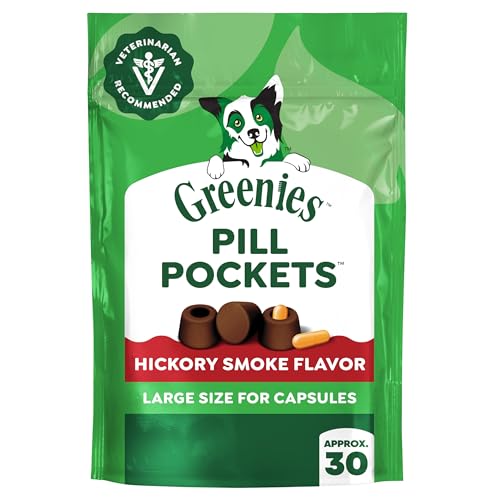 Greenies Pill Pockets Large Size Dog Treats, Hickory Smoke, 7.9 oz | Capsule size, hickory smoke flavor, masks medicine odor, low calorie, stress-free, Dog Treat Pouch for Capsule Medication - size: 30 Count (Pack of 1)