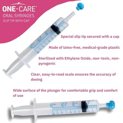 200 Pack, ONE-CARE 10ml Oral Syringe with Cap - Sterile, Individually Wrapped - (100 Syringes 10ml), Slip Tip, Uses include oral administration of medicine for infants, adults and animals - size: 10 ml Blue Scale (Pack of 2)