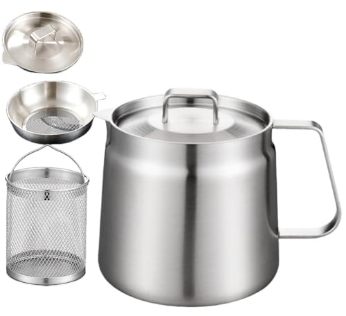 food grade 304 stainless steel 68oz fryer with oil filter and frying basket, height 6.3” * diameter 5.5“inches, large capacity, suitable for containers such as oil, milk, coffee, etc - color: 68oz 304 stainless steel frying pan