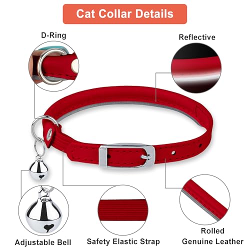 OOPSDOGGY Rolled Leather Cat Collar with Bell, Reflective Kitten Collars with Buckle Include Safety Elastic Strap - Adjustable Small Pet Collars for Boy Girl Cats (Red) - color: Red