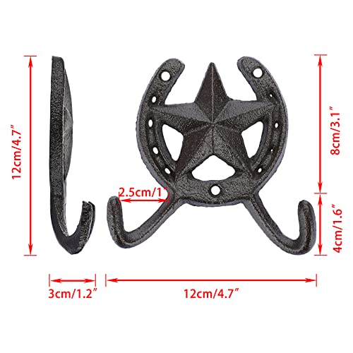 JUXYES Heavy Duty Cast Iron Western Horseshoe Star Hat Hook with 2 Hanger - size: 2 Pack