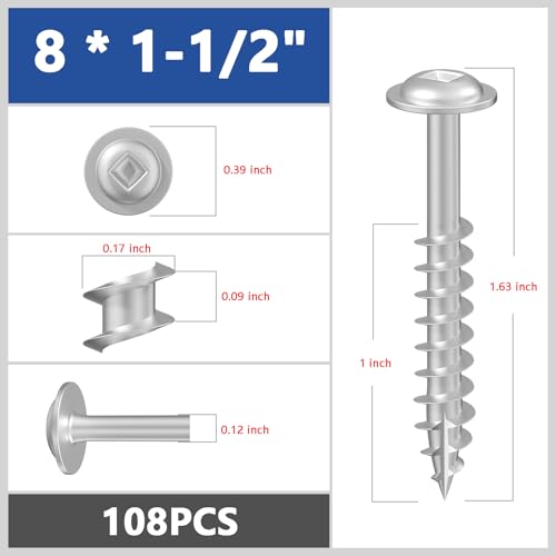 Wensilon (Silver) Pocket Hole Screws # 8 * 1-1/2" 120pcs 1lbs Square Hole Wood Screws and Round Head Square Hole self Tapping Screws are Suitable for Wooden use.150MM,60MM Drive bit Included. - color: Silver, size: 8*1-1/2"