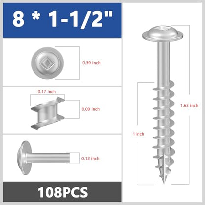 Wensilon (Silver) Pocket Hole Screws # 8 * 1-1/2" 120pcs 1lbs Square Hole Wood Screws and Round Head Square Hole self Tapping Screws are Suitable for Wooden use.150MM,60MM Drive bit Included. - color: Silver, size: 8*1-1/2"