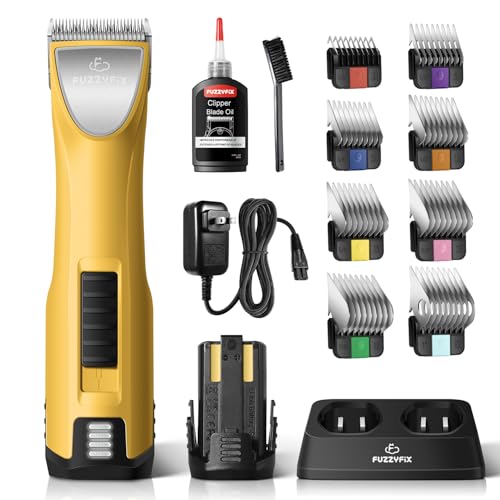 Professional Dog Clippers for Grooming with Replacement Power Unit | ow Noise Pet Grooming Kit for Thick Curly Matted Heavy Coats Cordless Hair Trimmer with 8 Metal Guide Combs for Animal Horse - color: Yellow