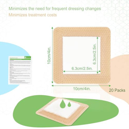 Silicone Super Absorbent Wound Dressing 4"x4", 20 Pack by NeuHeils | High Absorbency, Painless Removal, Waterproof for High Exudate Pressure Ulcers, Bed sores, Leg Ulcers, Surgical Wounds, Cuts - size: 4''x4'' (20 Packs)
