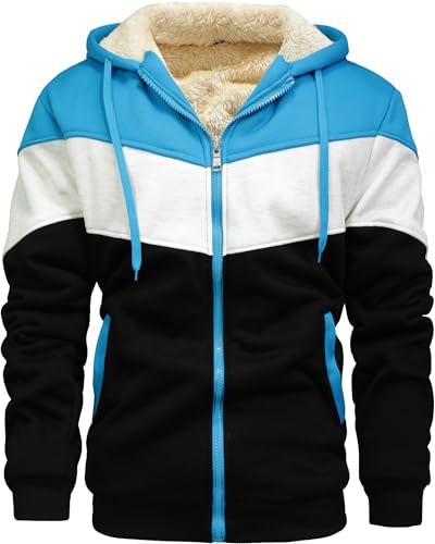 Men's Winter Fleece Thermal Jackets for Men Sherpa Lined Hoodies Warm Thick Jacket Outerwear - color: 995lakeblue Grey Black, size: Large