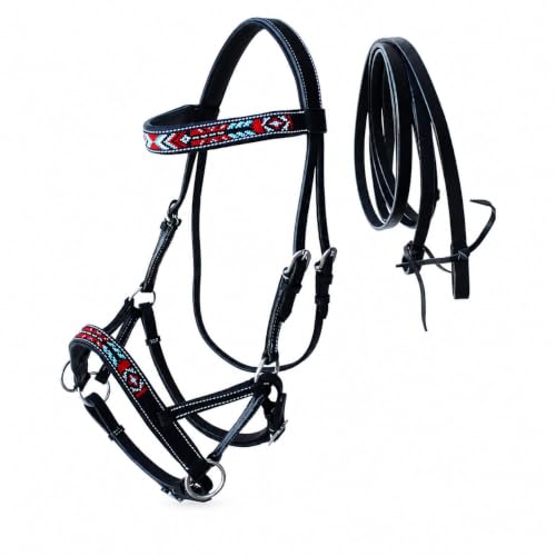 Horse Brown Leather Beaded Bitless Padded Sidepull Bridle w/ Reins 77RS17 - color: Black/Beaded