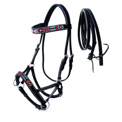 Horse Brown Leather Beaded Bitless Padded Sidepull Bridle w/ Reins 77RS17 - color: Black/Beaded