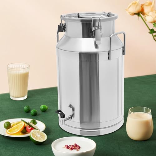 Milk Bucket 40L/10gal Stainless Steel Milk Transport Barrel with Lid and Faucet, 13×22in Heavy Duty Milk Jugs with 3 Sealing Clips and 2 Sturdy Handles for Oil, Milk, Coffee, Wine, Tea, Honey - size: 40L with faucet