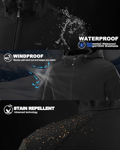 33,000ft Men's Hooded Fleece Lined Rain Shell Jacket Waterproof Lightweight - color: Black, size: Medium