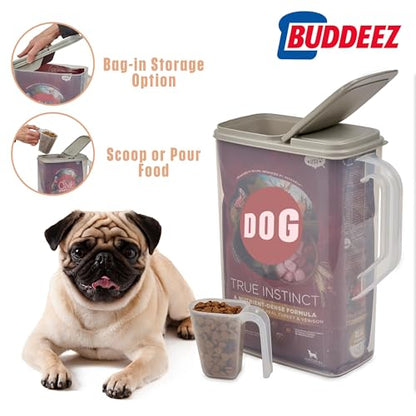 Buddeez Pet Food Storage Container - 8 Quart Capacity Dog / Cat Food & Bird Seed Container with Durable EZ Grip Handle, Flip Gray Lid (includes 1 Cup Clear Scoop) | Durable dry-food storage, For dog food, cat food or bird seed, Includes scoop, desk pet co