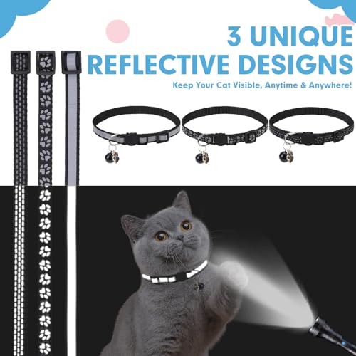 BINGPET Reflective Cat Collar Breakaway with Bell,Cute Kitten Collar,Black - color: Reflective(Black)-3pcs