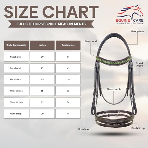 Equine Care English Horse Bridle with Reins, Padded, 6 Browband Styles - color: Havana Brown with Green Crystal