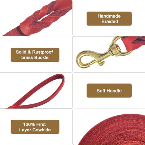 Guiding Star Leather Dog Leash - 6ft Heavy Duty, Soft Braided Handmade Leather Training Leash for Large & Medium Dogs (6ftx1inch, Red) - color: Red, size: 6ft x 1 inch