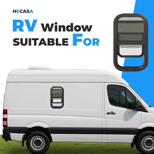 HECASA Universal RV Window 12" W x 24" H Vertical Slide Teardrop Window W/ | Trim Ring and Net Screen Tempered Glass Aluminium Plastic Rubber (1PC) - size: 12" W x 24" H