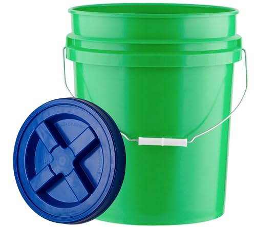House Naturals 5 Gallon Food Grade Plastic Bucket with Air Tight Screw on Lid Made in USA Container (Green Bucket with Blue Lid) - color: Green Bucket With Blue Lid