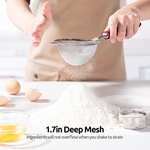 18/8 Stainless Steel Mesh Strainer: U-Taste 3.9 Inch Kitchen Fine Mesh Sieve Food Colander with Riveted Sturdy Silicone Handle and 30 Mesh Hole for Straining Flour, Quinoa, Tea, Juice (Red) - color: (4) Red, size: Small (3.9 x 11.1 in)