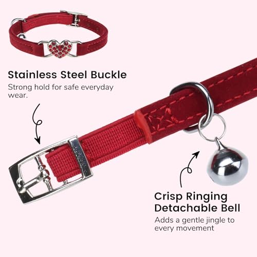 BINGPET Diamond Cat Collar with Bell, Adjustable Kitten Collar, Red - color: Red(Heart), size: Neck Girth 8"-10"