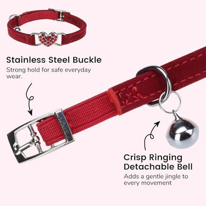 BINGPET Diamond Cat Collar with Bell, Adjustable Kitten Collar, Red - color: Red(Heart), size: Neck Girth 8"-10"