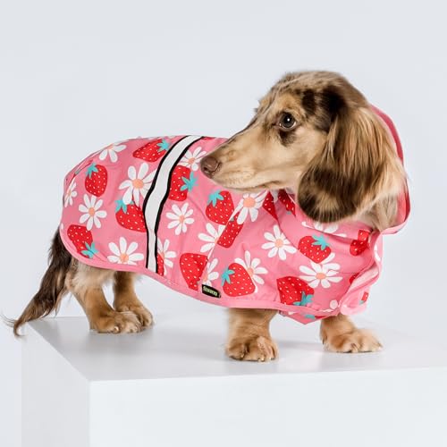 Fitwarm Strawberry Daisy Dog Raincoat with Hood, Waterproof Rain Jacket for Small Dogs Girl, Reflective Pet Poncho with Harness Opening, Packable, Adjustable, Pink, Large - color: Strawberry, size: Large