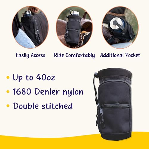 STARKENBURG COMPANY Horse Saddle Water Bottle Holder, Black Water Holder, Multi Pocket Horse Saddle Drink Holder up to 40oz, Horse Gifts, Horse Stuff Horse Tack
