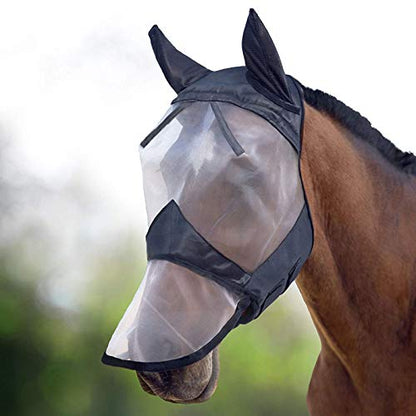 Harrison Howard CareMaster Horse Fly Mask Long Nose with Ears Full Face Black/Silver Retro Small Pony - color: Black/Silver, size: Pony (Small)