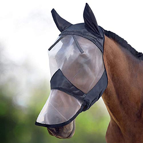 Harrison Howard CareMaster Horse Fly Mask Long Nose with Ears Full Face Black/Silver Retro XL Extra Full Size - color: Black/Silver, size: Extra Full (X-Large)