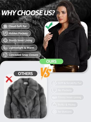 Women's Cropped Faux Fur Jacket with Hidden Pockets and Buttons Plush Shawl Collar Cardigan Sexy Coat - color: Black, size: Small