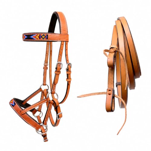 Horse Western Tan Leather Padded Bitless Training Sidepull Bridle Reins - color: Tan Beaded