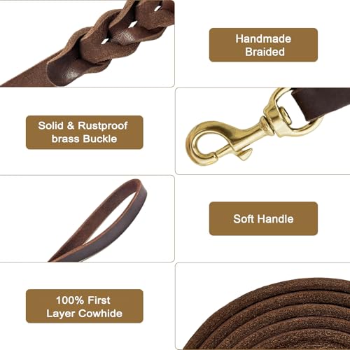 Guiding Star Heavy Duty Leather Dog Training Leash 6ft x 3/4 inch | Strong Handmade Braided Genuine Leather Training Leashes for Large Medium Small Dogs, 6 Foot Long Pet Lead Brown - color: Brown, size: 6ft x 3/4 inch