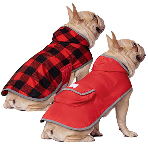 HDE 2-in-1 Reversible Dog Raincoat Hooded Poncho Rain Jacket Red Plaid S - color: Buffalo Plaid / Red, size: Small
