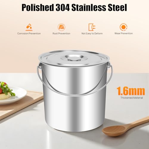 5 Gallon 304 Stainless Steel Bucket with Handle and Hanging Lid - size: 5 Gal