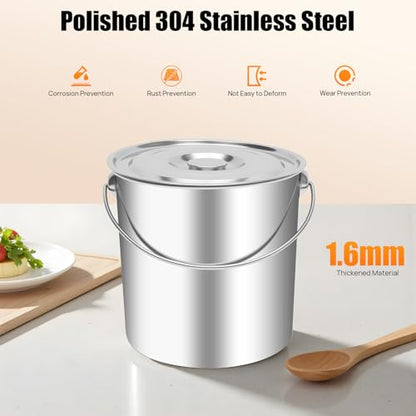 5 Gallon 304 Stainless Steel Bucket with Handle and Hanging Lid - size: 5 Gal