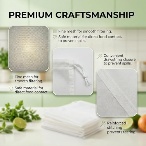 6 Pack Nut Milk Bag 12x8 Inch, 200 Mesh Reusable Cheesecloth Strainer Bags for Yogurt, Almond Milk, Cold Brew Coffee, Juice, Tofu & Tea, Fine Nylon Food Grade Filter Bags with Reinforced Seams